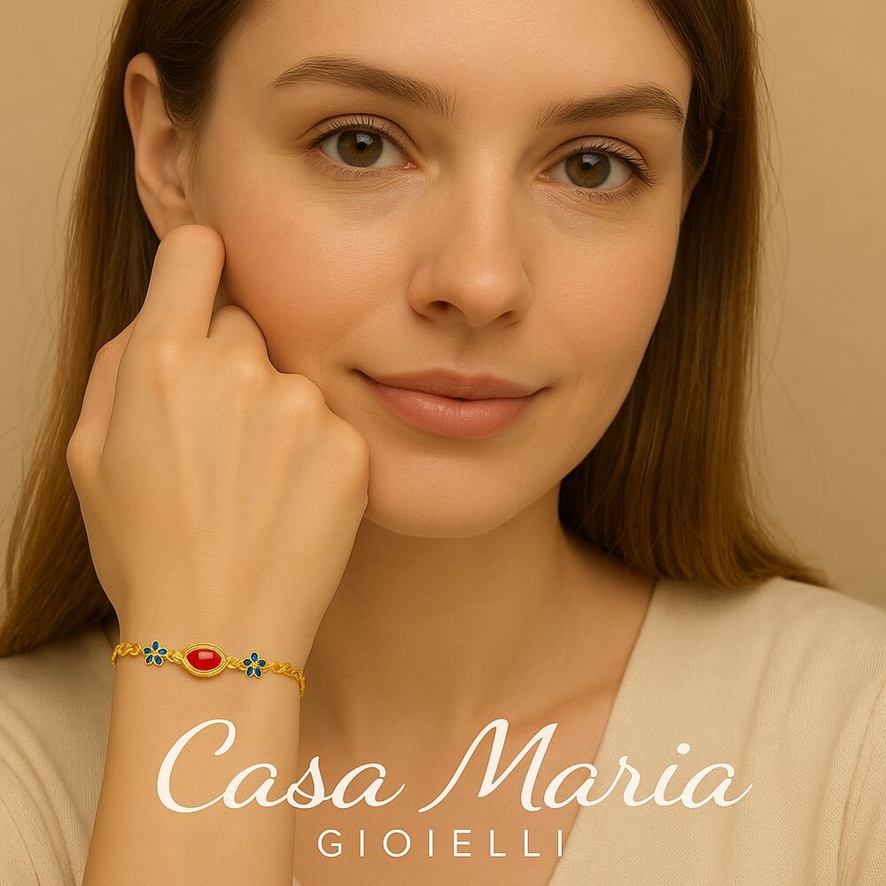 Palazzo Rosso Bracelet - 24K Solid Pure Gold Red Sapphire & Blue Flower Bracelet